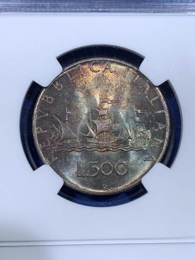 《竞宝斋》第429场 周日，周一，周二 3场连拍 （全场包邮） NGC MS65 意大利1966年500里拉银币，经典人妻帆船设计，双面深彩包浆。