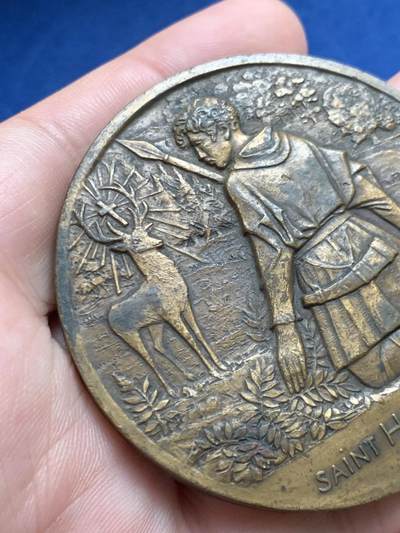 《竞宝斋》第429场 周日，周一，周二 3场连拍 （全场包邮） 基督教狩猎主保圣人Saint Hubert纪念铜章 97.9克 59.2mm 丰饶角铜标