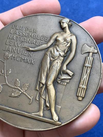 《竞宝斋》第429场 周日，周一，周二 3场连拍 （全场包邮） 法国1920年保罗·德夏内尔当选总统青铜勋章 172.1克 71.8mm 丰饶角铜标