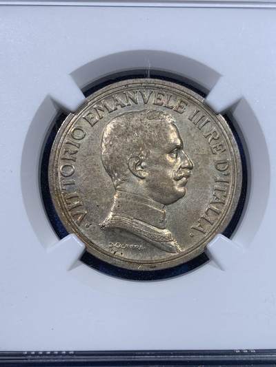 《竞宝斋》第429场 周日，周一，周二 3场连拍 （全场包邮） NGC MS62 意大利 1916年 马车2里拉银币