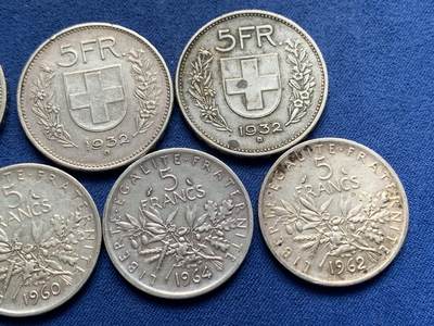 《竞宝斋》第429场 周日，周一，周二 3场连拍 （全场包邮） 七枚一组 瑞士威廉退尔5法郎银币3枚+法国播种女神5法郎银币4枚 总重约92.8克