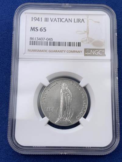 《竞宝斋》第429场 周日，周一，周二 3场连拍 （全场包邮） NGC MS65 梵蒂冈1941年1里拉 圣母 车轮光状态漂亮！