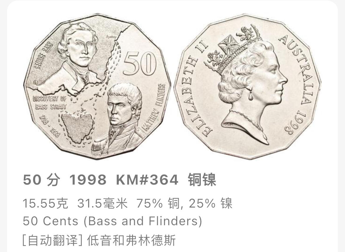 回流1019 澳大利亚🇦🇺1998年50分发现巴士海峡200周年12边形纪念币