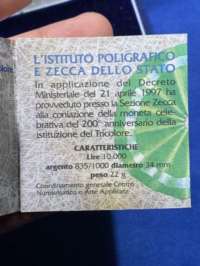 《竞宝斋》第429场 周日，周一，周二 3场连拍 （全场包邮） 1997年意大利国旗200周年纪念10000里拉精制银币 原盒带证书
