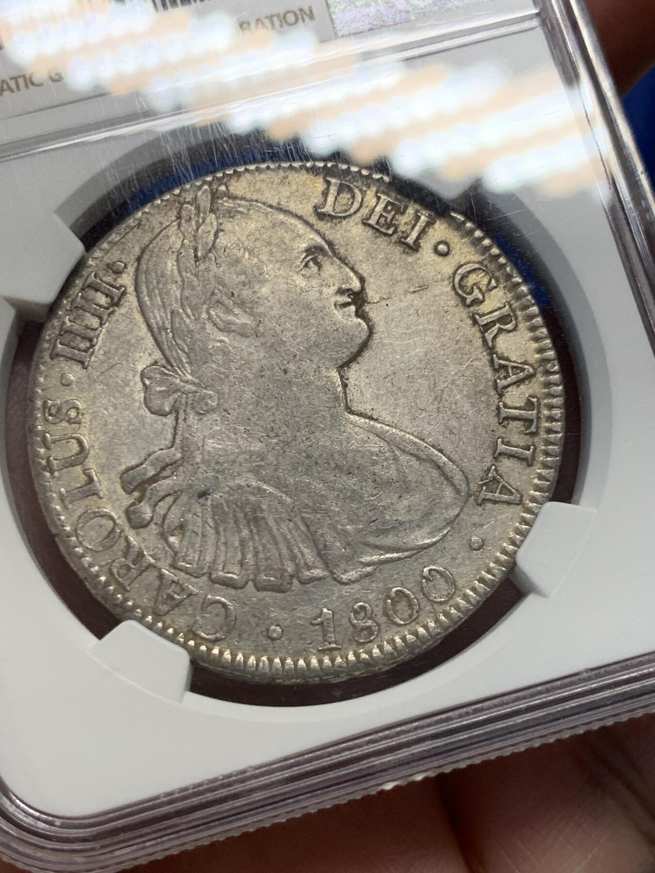 《竞宝斋》第429场 周日，周一，周二 3场连拍 （全场包邮） NGC AU53 西属墨西哥1800年卡洛斯四世双柱8R银币