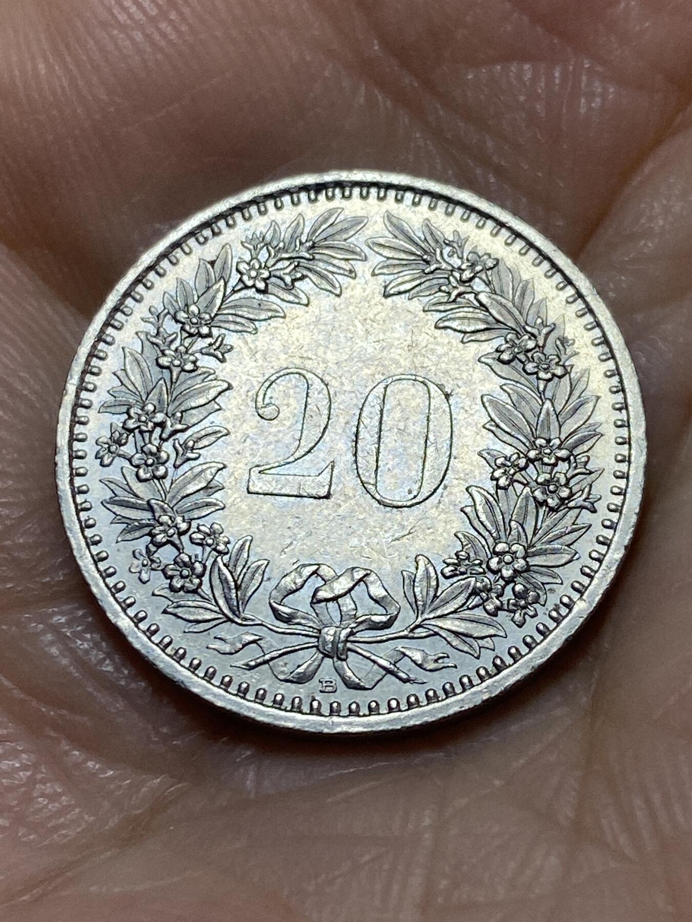 2025年第一百一十三场(总第一百三十九场）瑞士辅币专场(免佣金) 瑞士🇨🇭1994年20分(第三版，B标伯尔尼造)