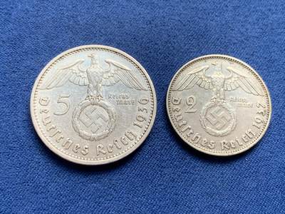 《竞宝斋》第429场 周日，周一，周二 3场连拍 （全场包邮） 两枚一组 德国兴登堡银币 1936年A版5马克 + 1937年D版2马克