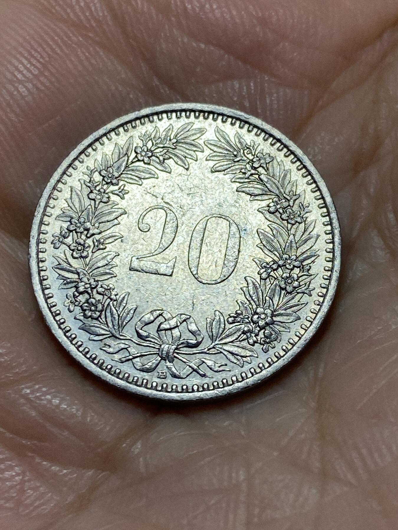 2025年第一百一十三场(总第一百三十九场）瑞士辅币专场(免佣金) 瑞士🇨🇭1994年20分(第三版，B标伯尔尼造)