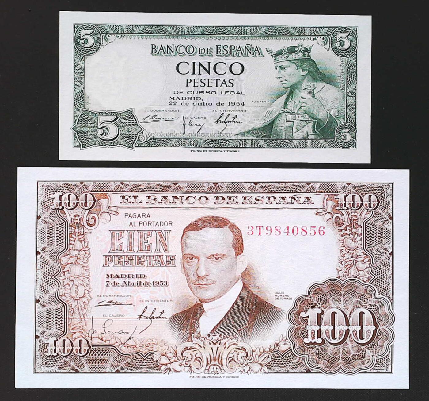 世界靓号纸钞第七十六期 1953-54年老版西班牙5 100比塞塔两张 全新UNC