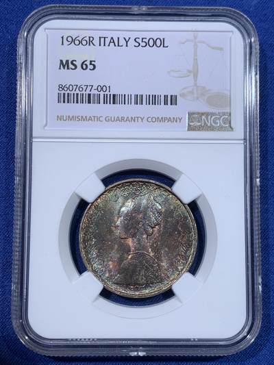《竞宝斋》第429场 周日，周一，周二 3场连拍 （全场包邮） - NGC MS65 意大利1966年500里拉银币，经典人妻帆船设计，双面深彩包浆。