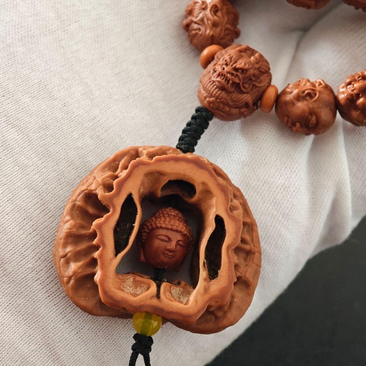 精品红龙纹桃核雕刻双面108罗汉 长串脖挂佛珠