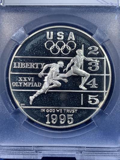 《竞宝斋》第429场 周日，周一，周二 3场连拍 （全场包邮） TQG PF66UC 美国1995年1元百年奥运-田径精制纪念银币 26.73g 900银