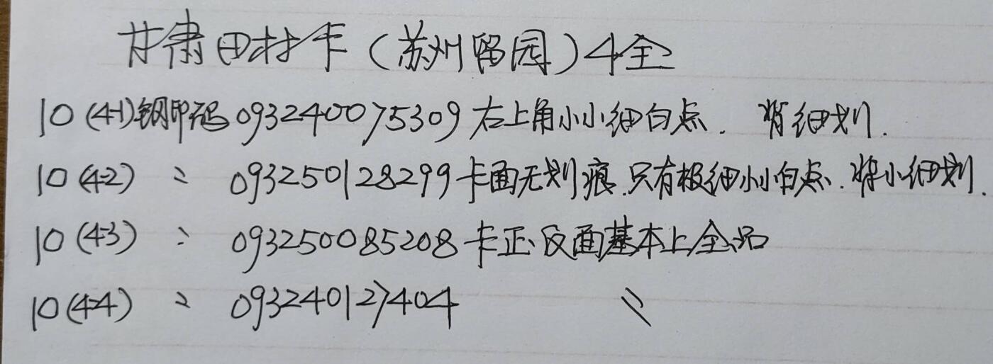 公藏第57期裸卡拍卖 甘肃田村卡（苏州留园）4全品相钢印码见描述。