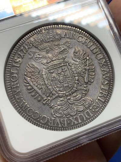 《竞宝斋》第429场 周日，周一，周二 3场连拍 （全场包邮） NGC AU58 神圣罗马帝国 1718年 查理六世泰勒大银币 奥地利大波浪神罗泰勒 原味深打 300多年的状态可藏了
