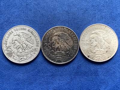 《竞宝斋》第429场 周日，周一，周二 3场连拍 （全场包邮） 三枚一组 墨西哥1968年25比索奥运纪念银币 总重约67.6克