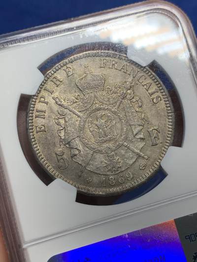 《竞宝斋》第429场 周日，周一，周二 3场连拍 （全场包邮） NGC UNC 法国1869年拿破仑三世5法郎银币