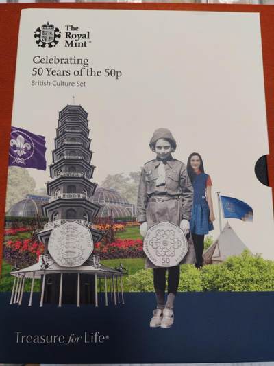 长老汇马年精选第四场拍卖 - 2019英国50便士发行50周年5枚套装精制，文化版，3500套，含稀缺的邱园中国塔50便士，灵感来自于南京大报恩寺塔