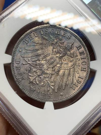 《竞宝斋》第429场 周日，周一，周二 3场连拍 （全场包邮） NGC MS63 德国1911年符腾堡王国威廉二世国王银婚3马克银币，原汁原味老包浆，味道币味道足，状态佳。