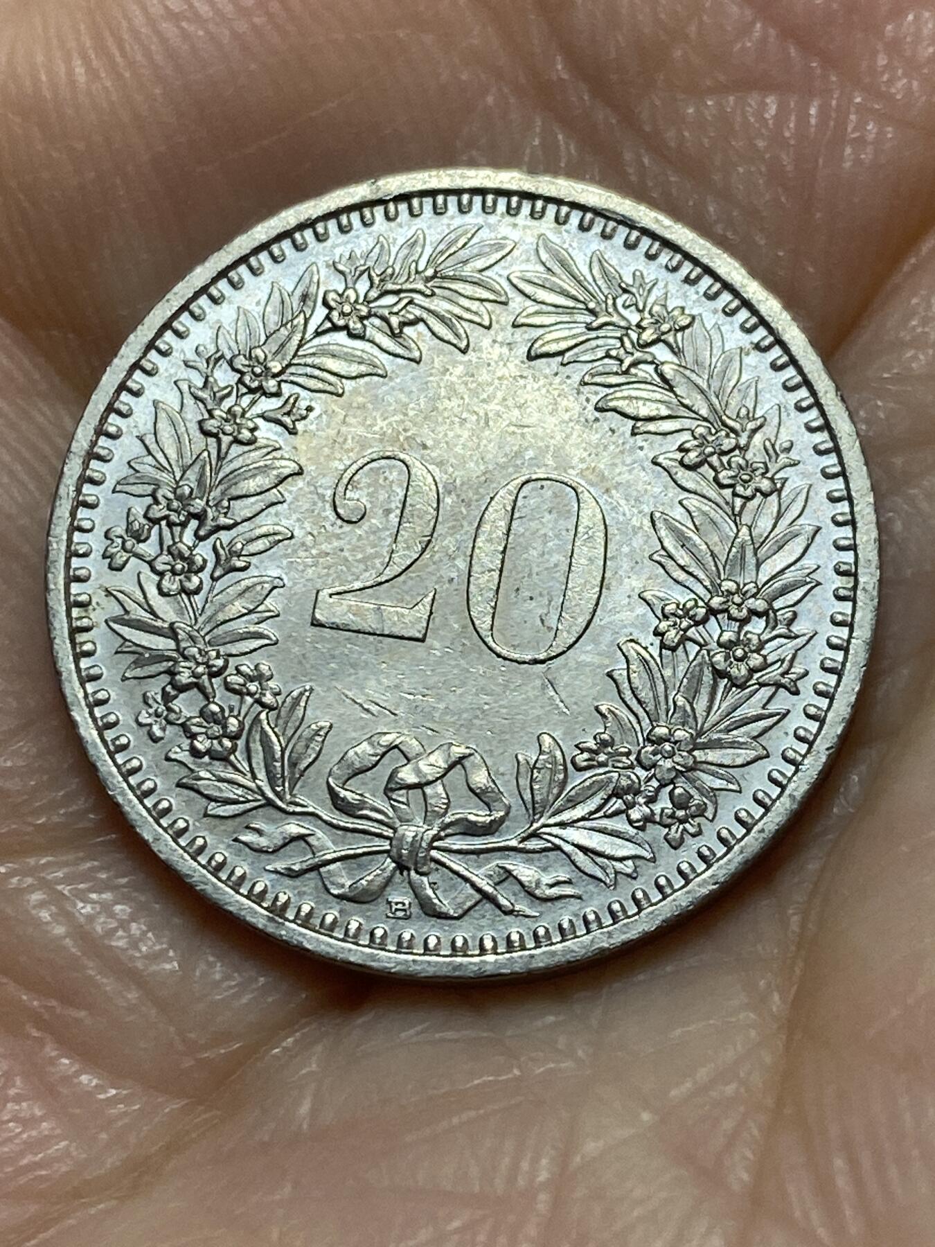 2025年第一百一十三场(总第一百三十九场）瑞士辅币专场(免佣金) 瑞士🇨🇭1988年20分(第三版，B标伯尔尼造)