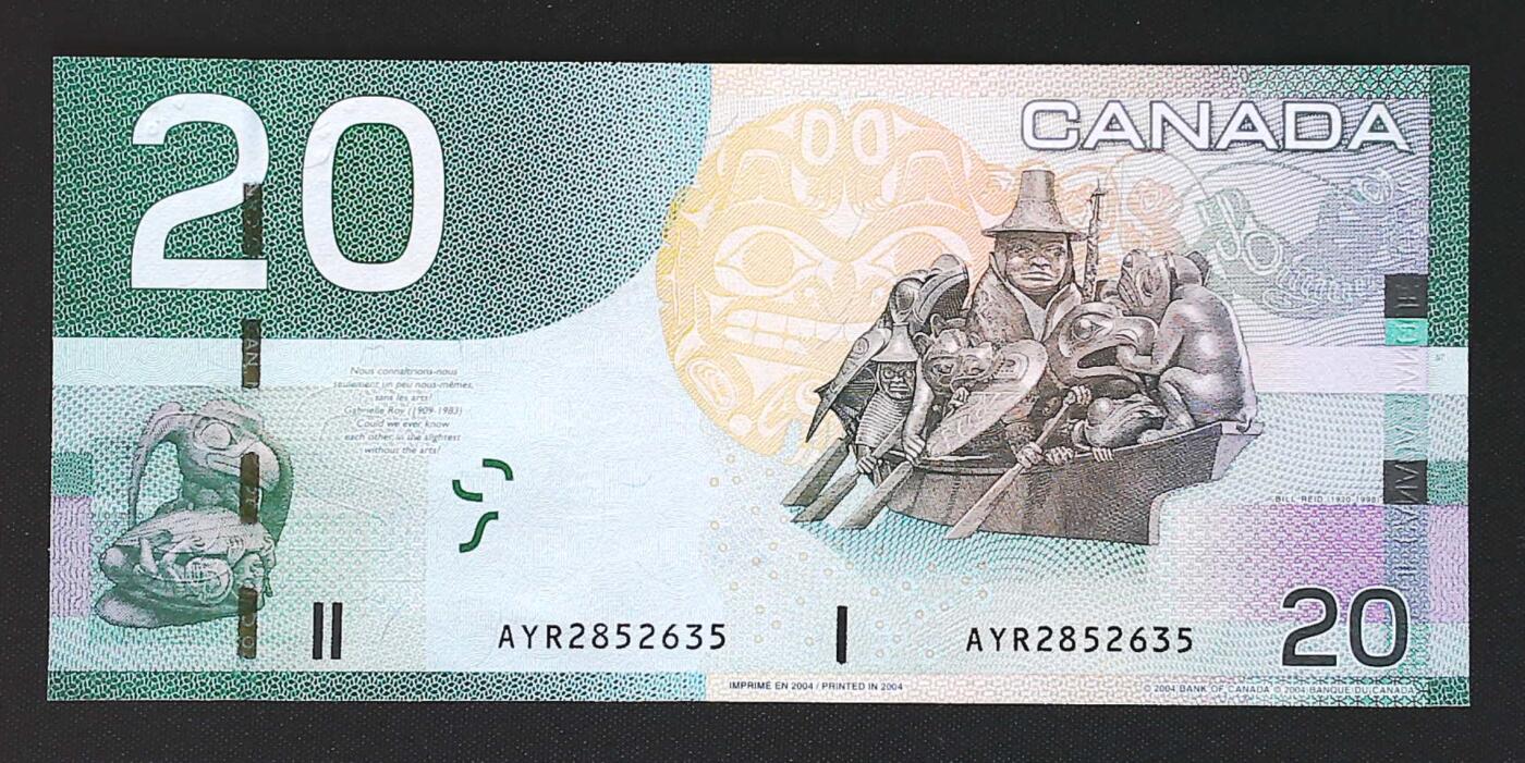 世界靓号纸钞第七十六期 2004年加拿大20元 稀少首发AYR 全程无47 品相如图 UNC- 2004年IBNS世界最佳纸币 也是第一张获奖钞