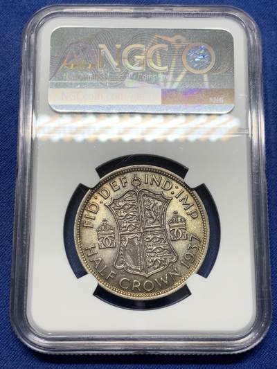 《竞宝斋》第429场 周日，周一，周二 3场连拍 （全场包邮） NGC AU58 英国1937年乔治六世半克朗银币，首年份，状态不错。