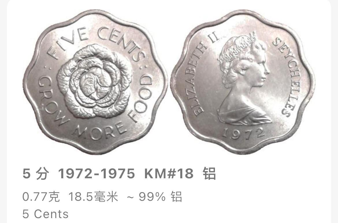 回流1019 塞舌尔🇸🇨1972年5分FAO纪念币