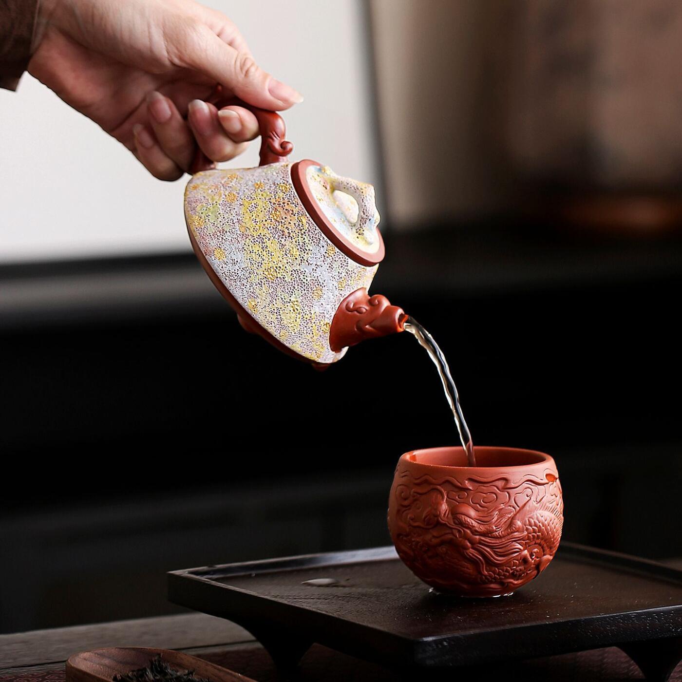 紫砂古岩矿虫洞油半手工茶壶