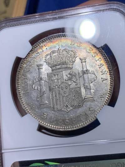 《竞宝斋》第429场 周日，周一，周二 3场连拍 （全场包邮） NGC MS62 西班牙1899年阿方索少年头5比塞塔 银币 五彩包浆美轮美奂 不容错过