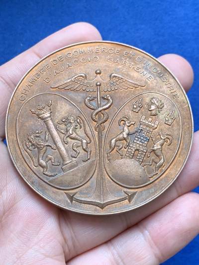 《竞宝斋》第429场 周日，周一，周二 3场连拍 （全场包邮） 法国阿雅克肖工商会铜质纪念章（1961年巴黎造币厂） 坎波德尔奥罗航站楼启用纪念 126克 62.5mm 丰饶角铜标