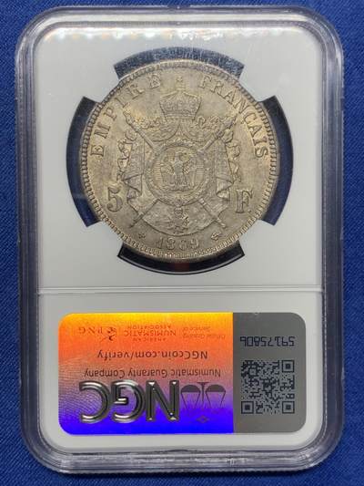 《竞宝斋》第429场 周日，周一，周二 3场连拍 （全场包邮） NGC UNC 法国1869年拿破仑三世5法郎银币