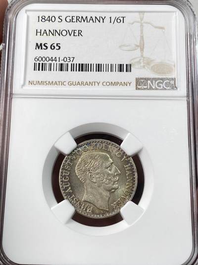 万国钱币拍卖第053期【万国秋季大拍下●周五周六两场连拍】 - NGC MS65 1840年汉诺威奥古斯特一世1/6泰勒银币 全深打英式盾徽 诱人孔雀绿均匀包浆极美收藏品质