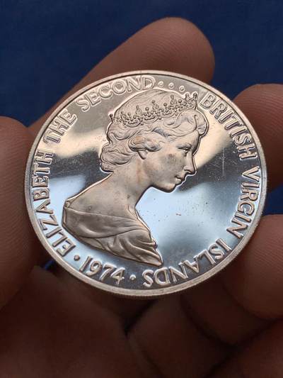 《竞宝斋》第430场 周日，周一，周二 3场连拍 （全场包邮） 英属维京群岛1974年军舰鸟1Dollar精铸大银币，38.6mm，24.8g。