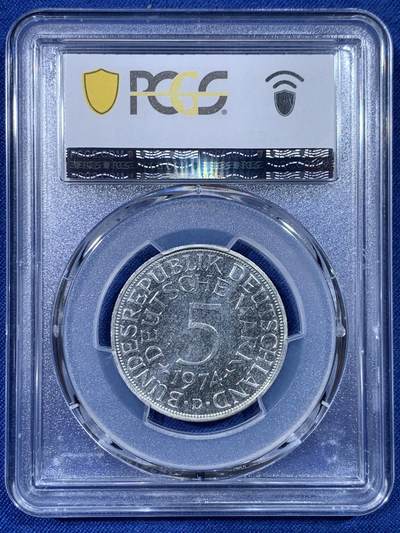 《竞宝斋》第430场 周日，周一，周二 3场连拍 （全场包邮） PCGS MS64 西德1974年D厂5马克银币，底板有PL感，原拆送评