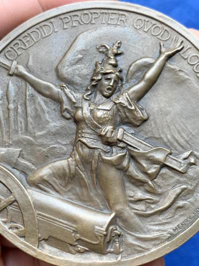 《竞宝斋》第430场 周日，周一，周二 3场连拍 （全场包邮） 1915年法国文学家协会莫里斯·巴雷斯基金会大铜章 大天使与女武神 好品 稀有 136.2克 67.5mm 丰饶角铜标