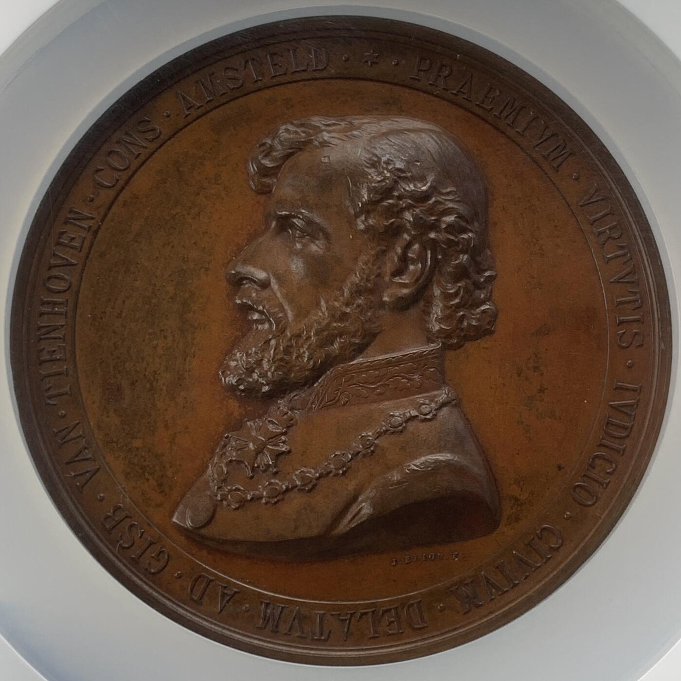 掌中浮雕-藏着的欧洲第038场 NGC MS64 : 1883年阿姆斯特丹市长Gijsbertus van Tienhoven铜章，75mm，J. Elion雕刻