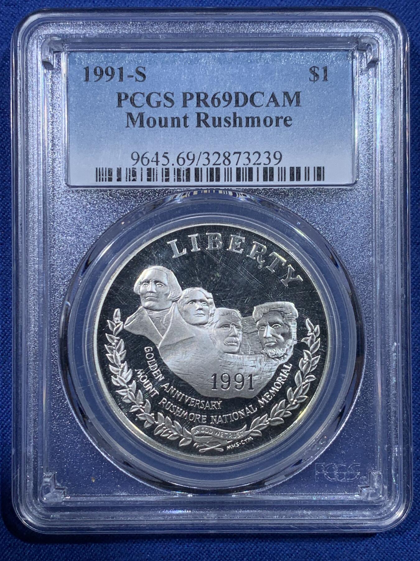 《竞宝斋》第430场 周日，周一，周二 3场连拍 （全场包邮） PCGS PR69DCAM 美国1991年拉什莫尔山国家公园50周年精制纪念银币