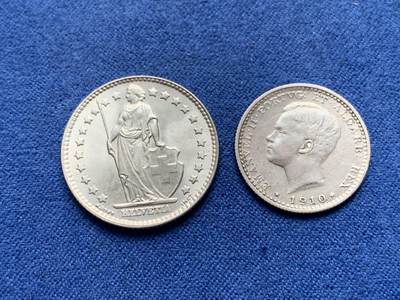 《竞宝斋》第430场 周日，周一，周二 3场连拍 （全场包邮） 两枚一组 葡萄牙1910年100瑞斯银币 + 原光瑞士1962年1法郎银币