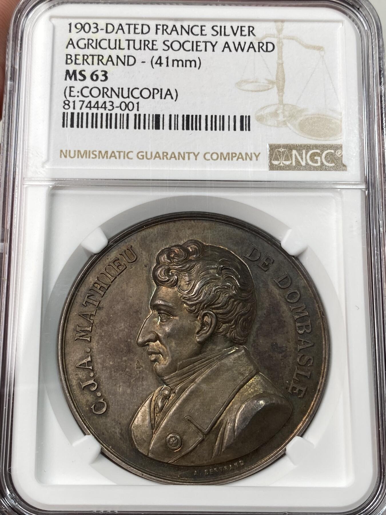 万国钱币拍卖第053期【万国秋季大拍上●周五周六两场连拍】 NGC MS63 1903年法国伦维尔农业展览纪念大银章 少见法系五彩高浮雕