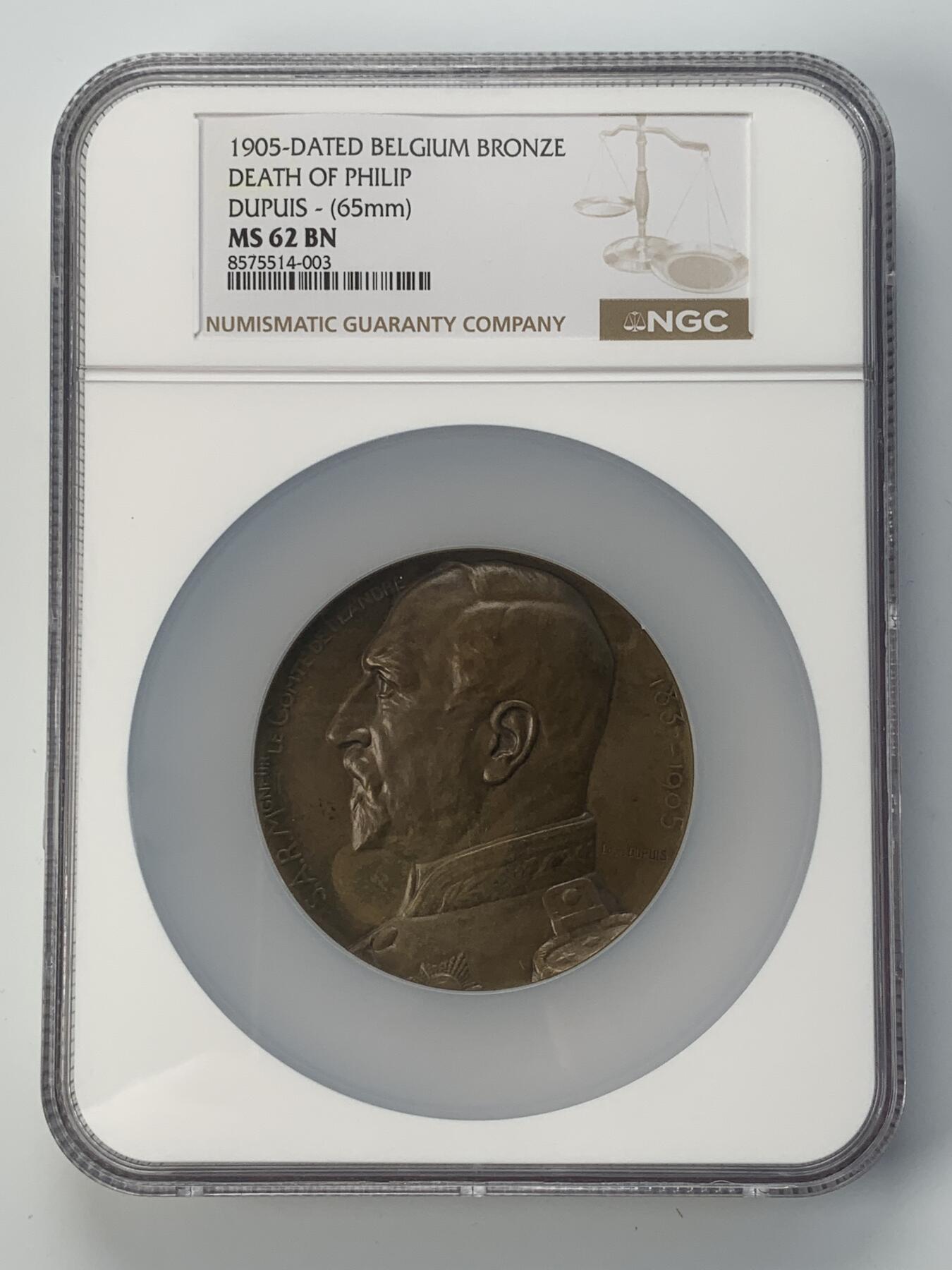 掌中浮雕-藏着的欧洲第038场 NGC MS62 : 1905年荷兰&比利时章牌协会#010号 ,66mm；1905年荷兰“佛兰德伯爵之死”  雕刻家： Louis Dupuis