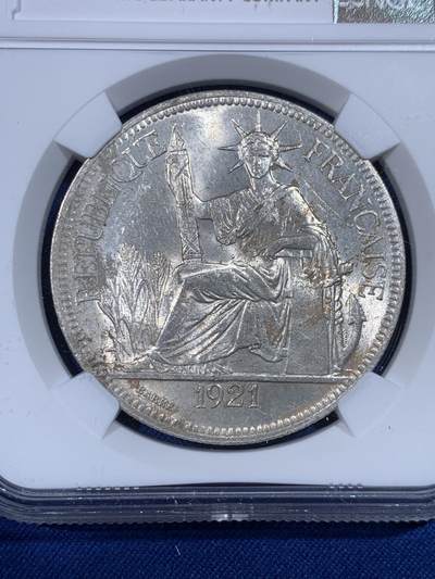 《竞宝斋》第430场 周日，周一，周二 3场连拍 （全场包邮） NGC UNCD 法属印支 1921H 坐洋 1皮亚斯特 银币 细节光度都不错