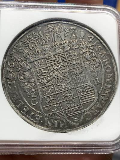 《竞宝斋》第430场 周日，周一，周二 3场连拍 （全场包邮） NGC AU53 德国1641年萨克森约翰格奥尔格执剑大泰勒 正反均匀老包浆浑然舒朗，背面大盾徽打制清晰精美，古韵盎然的一枚选帝侯泰勒，细节见图