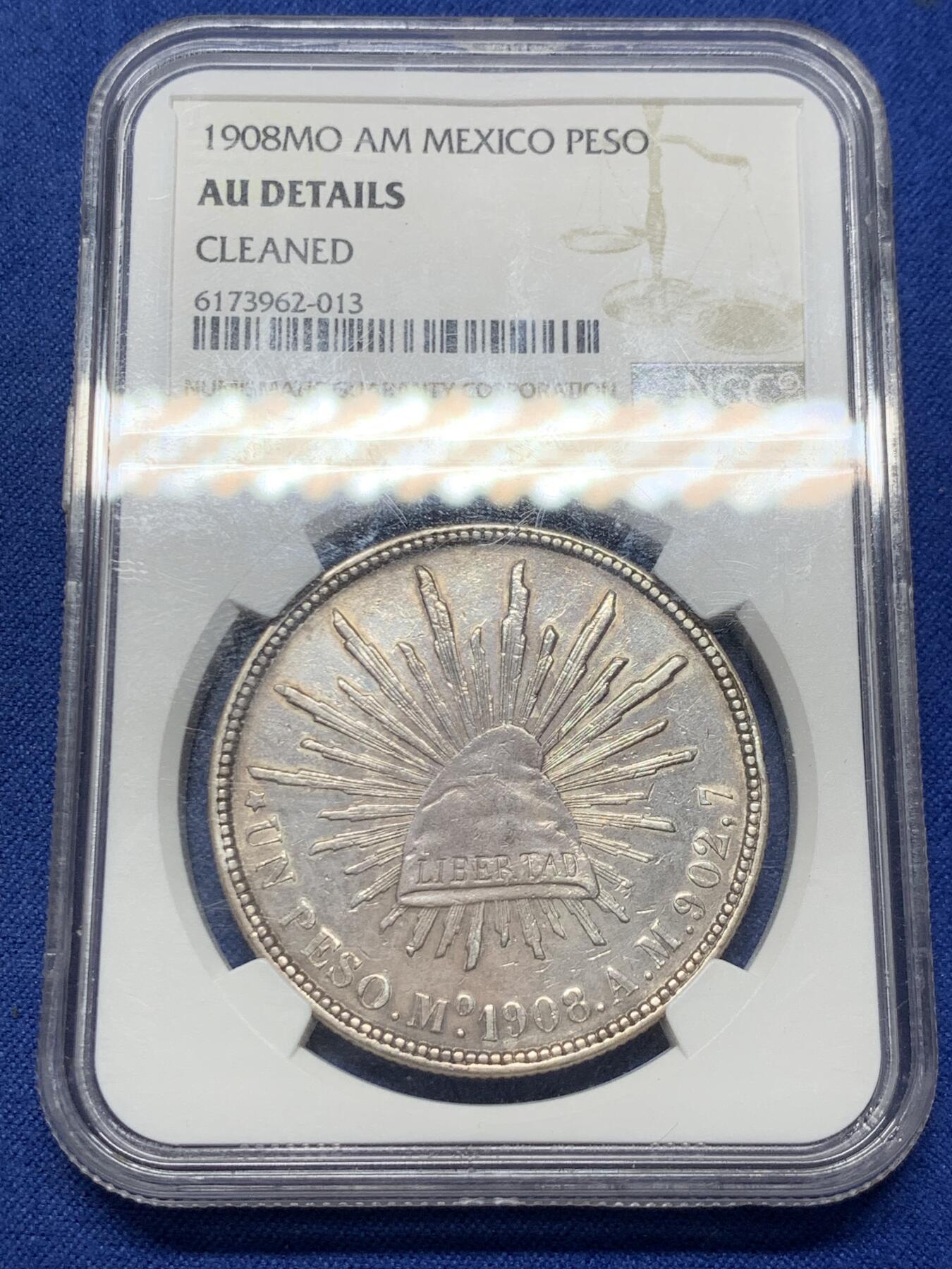 《竞宝斋》第430场 周日，周一，周二 3场连拍 （全场包邮） NGC AU 1908年 墨西哥鹰洋MO AM 两面光度很强 老洗币 两面已有淡包浆