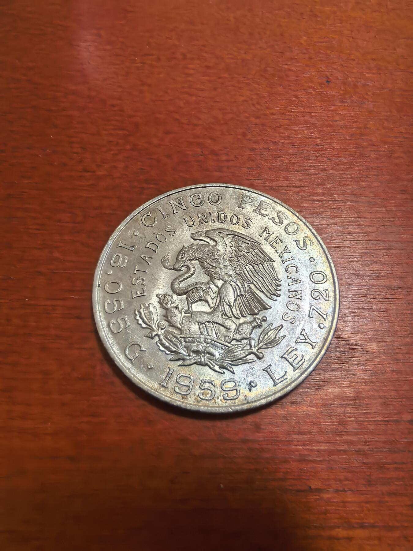 长老汇蛇年精选第六十五场拍卖 1959墨西哥卡兰萨诞辰5比索银币，18.05克720银，墨西哥城造币厂，未流通