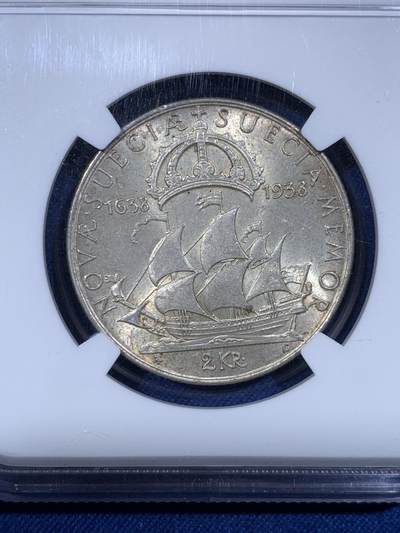 《竞宝斋》第430场 周日，周一，周二 3场连拍 （全场包邮） NGC MS63 瑞典1938年古斯塔夫五世2克朗银币 15克 31mm 早期800银 高银版 原光好品