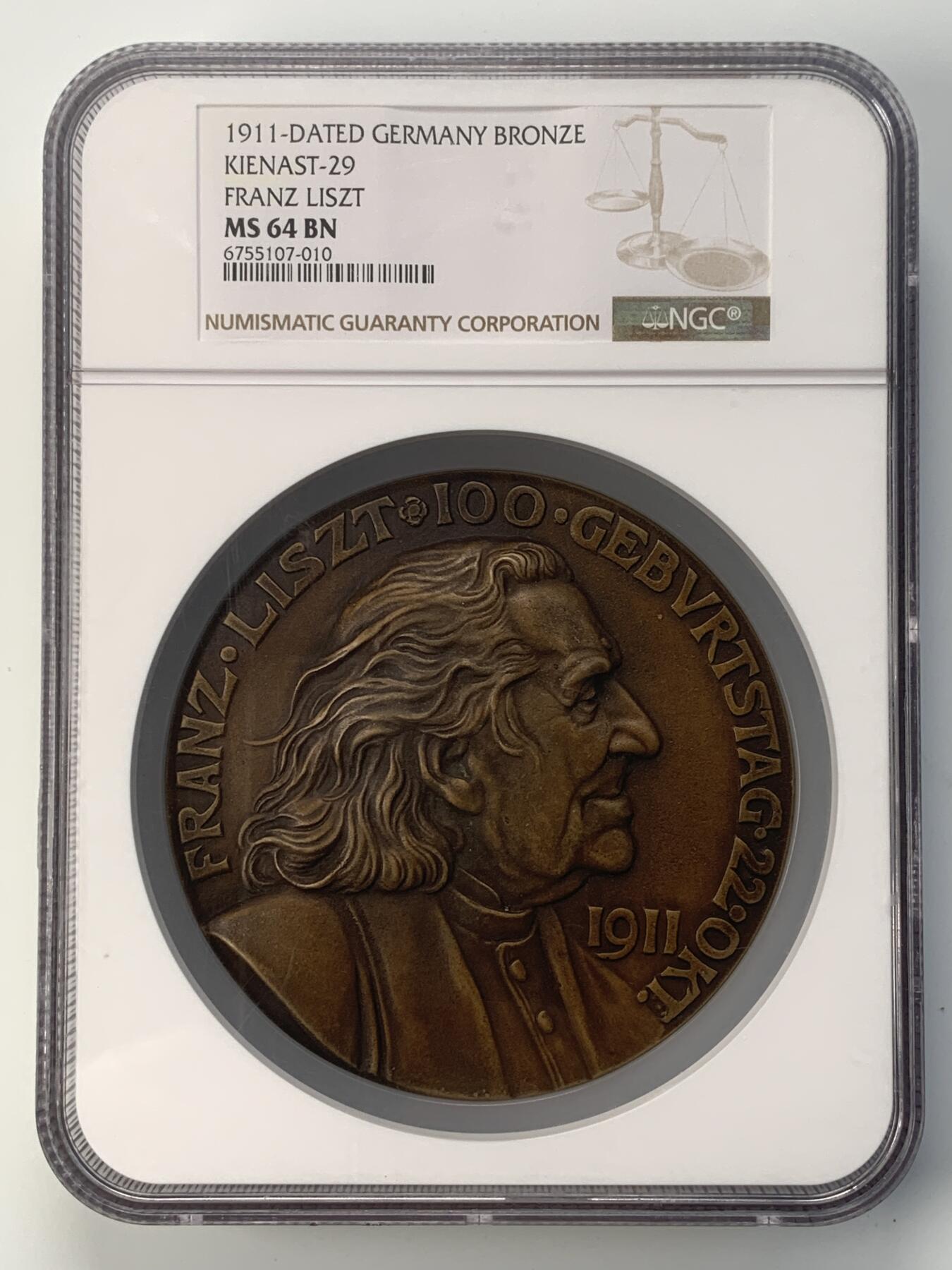 掌中浮雕-藏着的欧洲第038场 NGC MS64 : 1911年德国发行的匈牙利音乐家弗朗茨·李斯特诞辰100周年纪念铜章，大师卡尔.哥茨作品 ，90mm