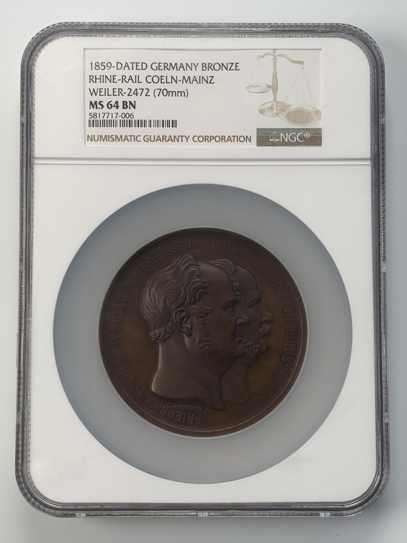 掌中浮雕-藏着的欧洲第038场 NGC MS64 : 1859年普鲁士科隆至美因茨铁路通车纪念章，背面是科隆中央火车站景观 , 70mm