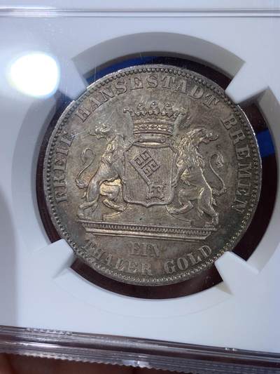 《竞宝斋》第430场 周日，周一，周二 3场连拍 （全场包邮） NGC MS63 德国1865年不莱梅泰勒银币，酱五彩十分漂亮