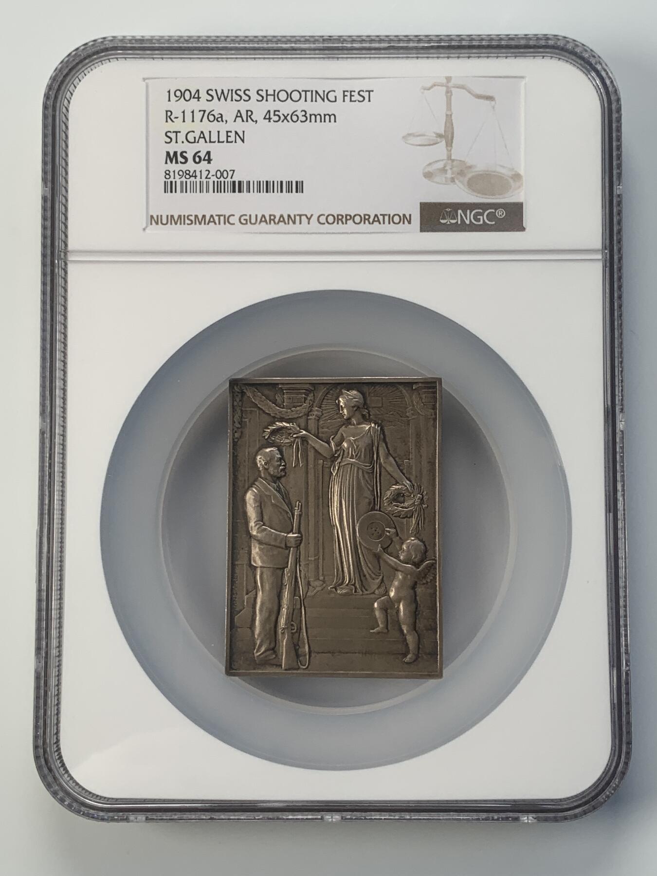 掌中浮雕-藏着的欧洲第038场 NGC MS64 : 1904年瑞士圣加伦射击节银章，45×63mm