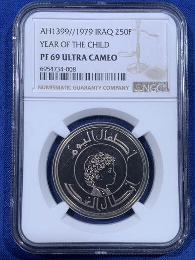 《竞宝斋》第430场 周日，周一，周二 3场连拍 （全场包邮） NGC PF69UC 1979年伊拉克儿童年250Fil铜镍币精铸  花冠儿童精美设计图案  经典儿童年大热品种 镜面深浮雕底板  高分UC不易 外拍高价品种