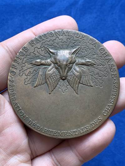 《竞宝斋》第430场 周日，周一，周二 3场连拍 （全场包邮） 法国狩猎者联合会纪念铜章 105克 57.4mm 丰饶角铜标